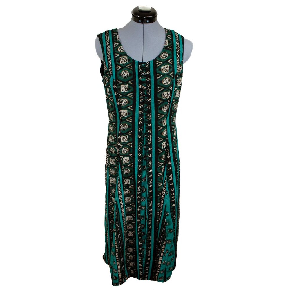 VTG JAMIE BROOKE Sz 10 Green Midi Dress Sleeveless Boho Layered 90s Aztec Grunge